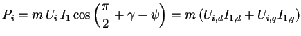 $\displaystyle P_i = m \, U_i \, I_1 \cos\left( \frac{\pi}{2} + \gamma - \psi \right) = m \left( U_{i,d} I_{1,d} + U_{i,q} I_{1,q} \right)$